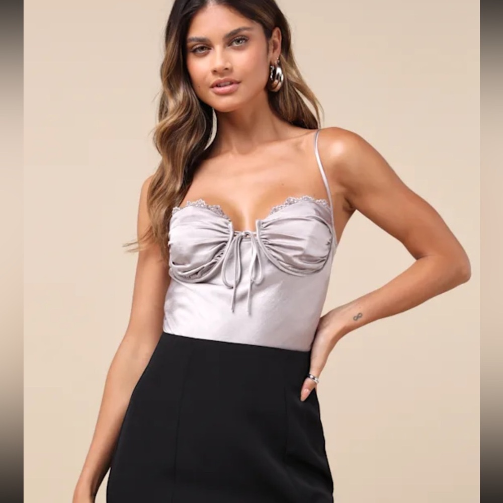 Stunning Choice Silver Satin Tie-Front Lace Cami Bodysuit